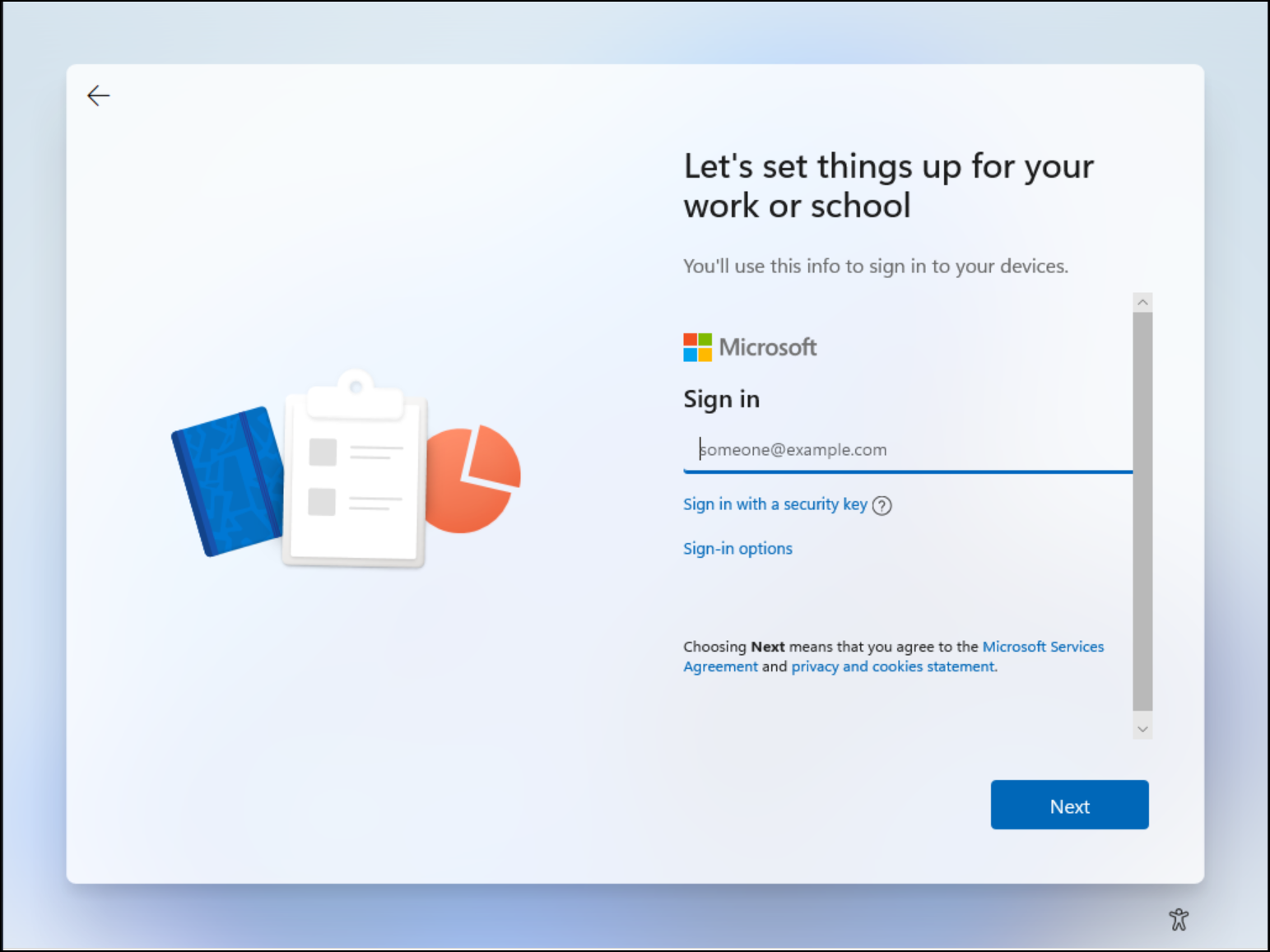 Screenshot of Windows 11 out-of-box experience showing the sign-in experience.