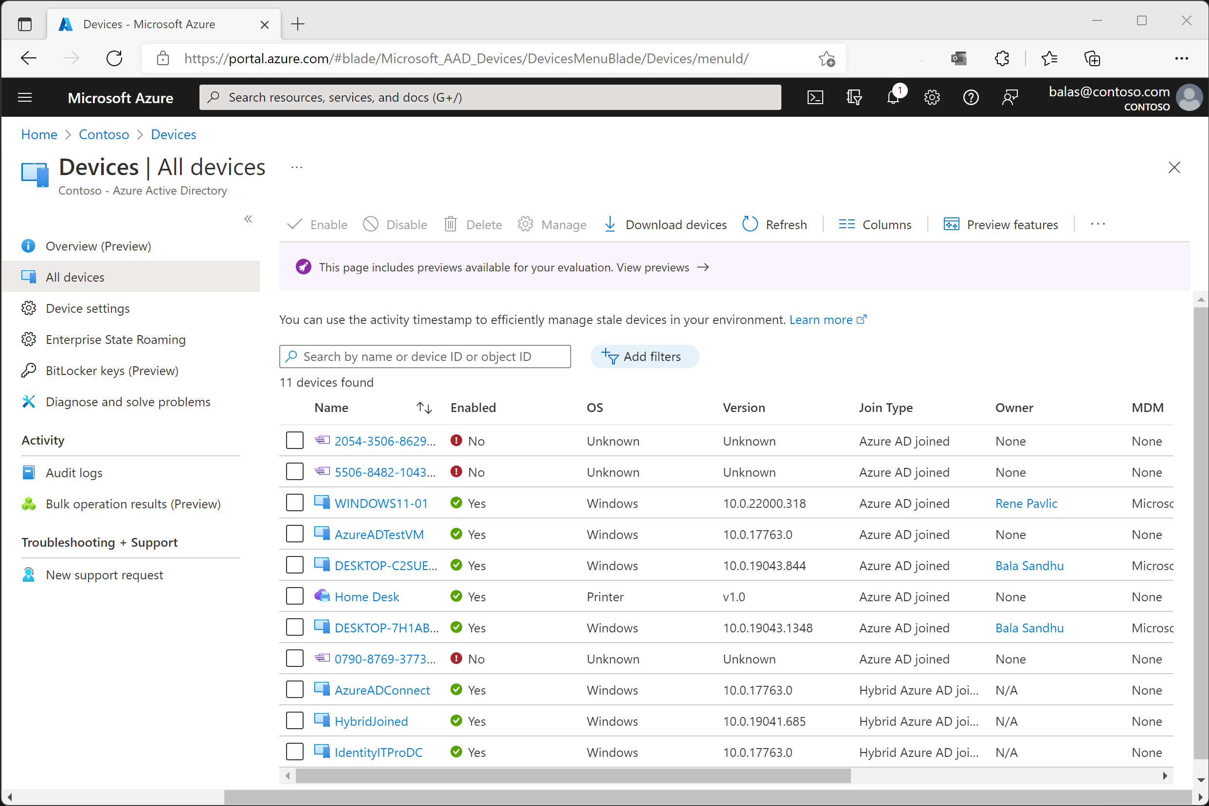 Screenshot that shows the All devices view in the Azure portal.