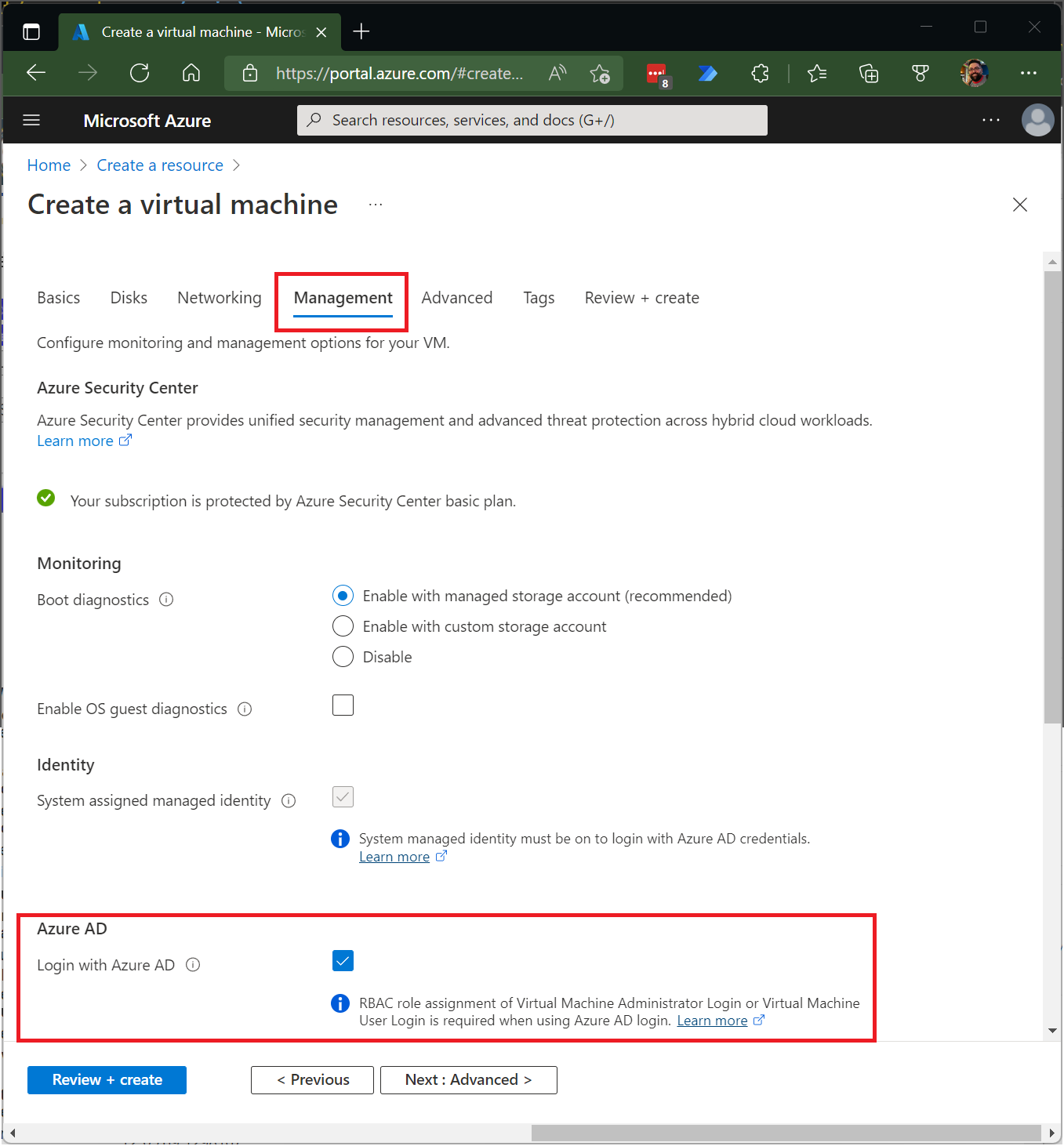 Screenshot that shows the Management tab on the Azure portal page for creating a virtual machine.