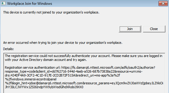 Screenshot of the Workplace Join for Windows dialog box. Text reports that an error occurred during account authentication.