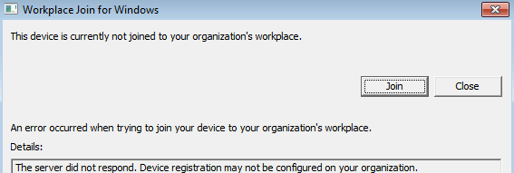 Screenshot of the Workplace Join for Windows dialog box. Text reports that an error occurred because the server didn't respond.