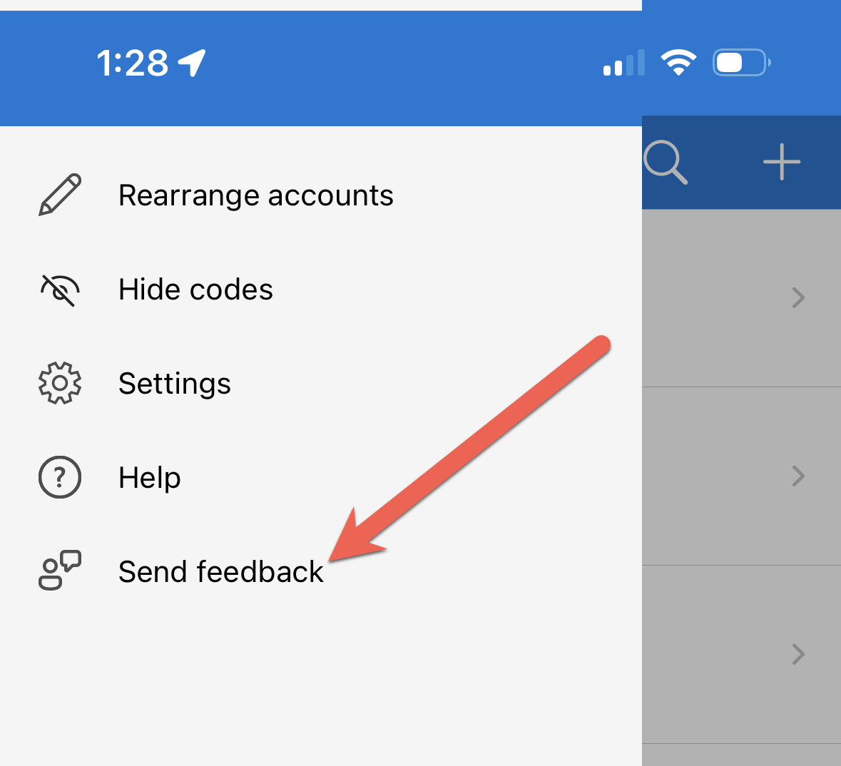 Screenshot showing the location of the send feedback option in the Microsoft Authenticator app.