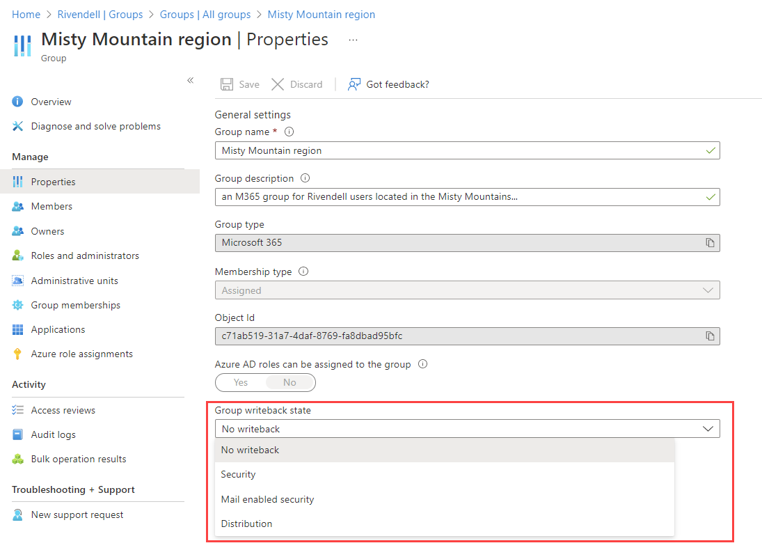 Screenshot of changing writeback settings in the group properties.
