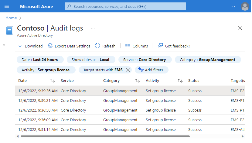 Screenshot of the Microsoft Entra audit logs including a Target filter.