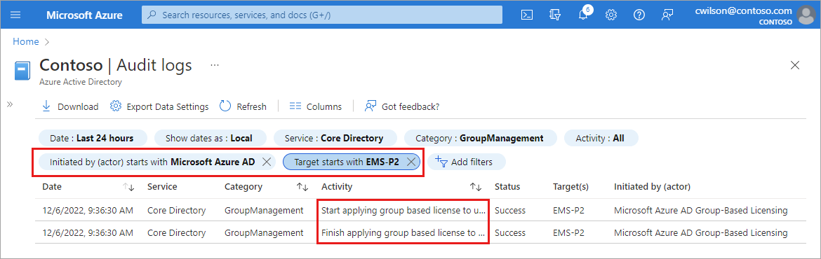 Screenshot of the Microsoft Entra audit log filters and start and end times of license changes.