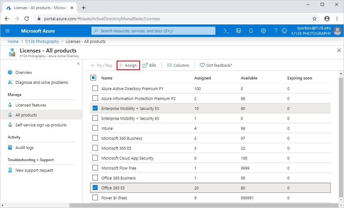 Screenshot of selecting products to assign licenses.