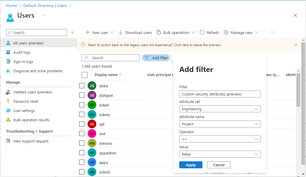 Screenshot showing a custom security attribute filter for users.