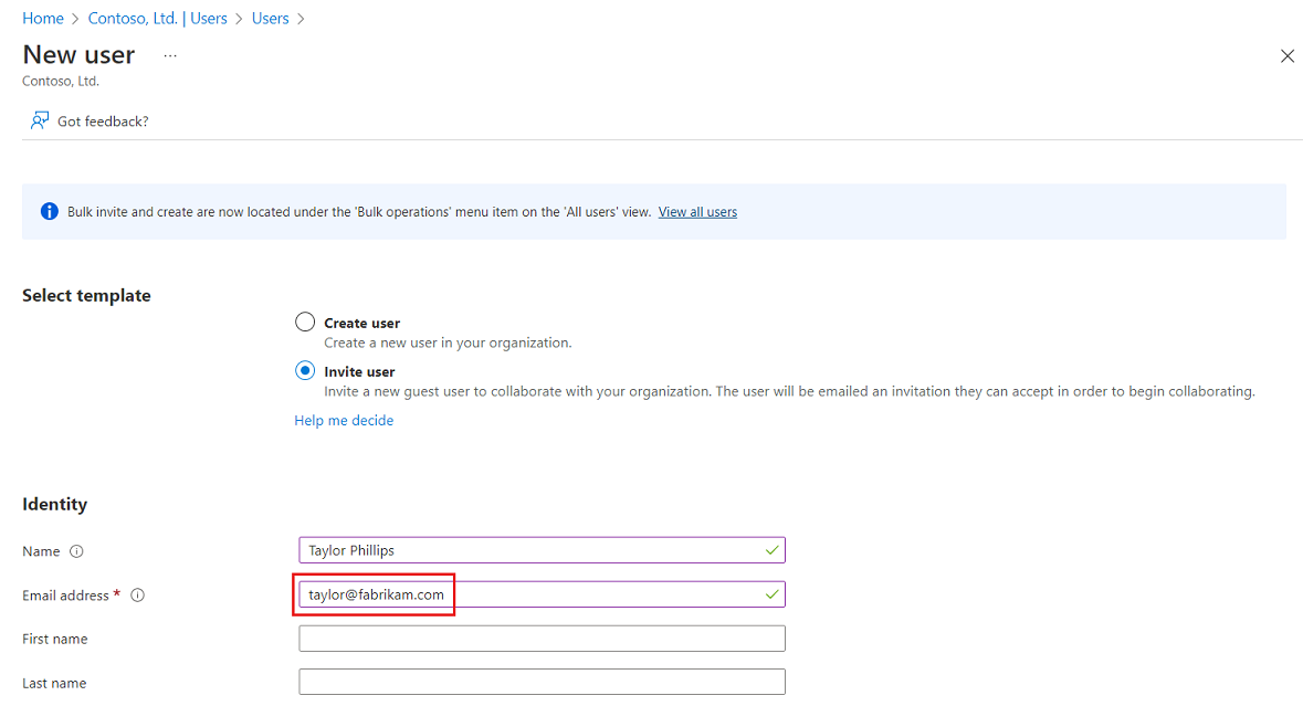 Screenshot of inviting a guest user using the Azure AD account.