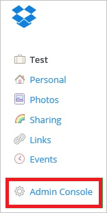 The "Admin Console" link on the Dropbox menu