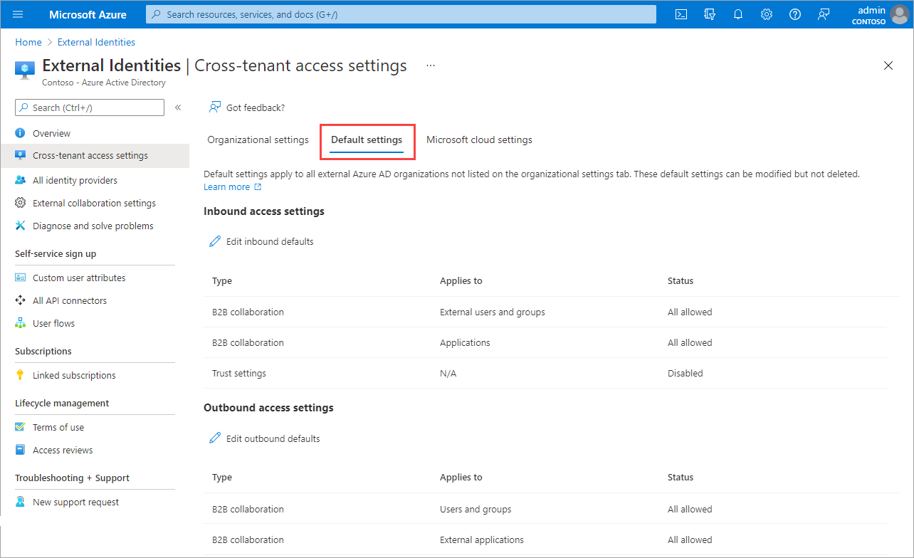 Screenshot showing the Cross-tenant access settings Default settings tab.