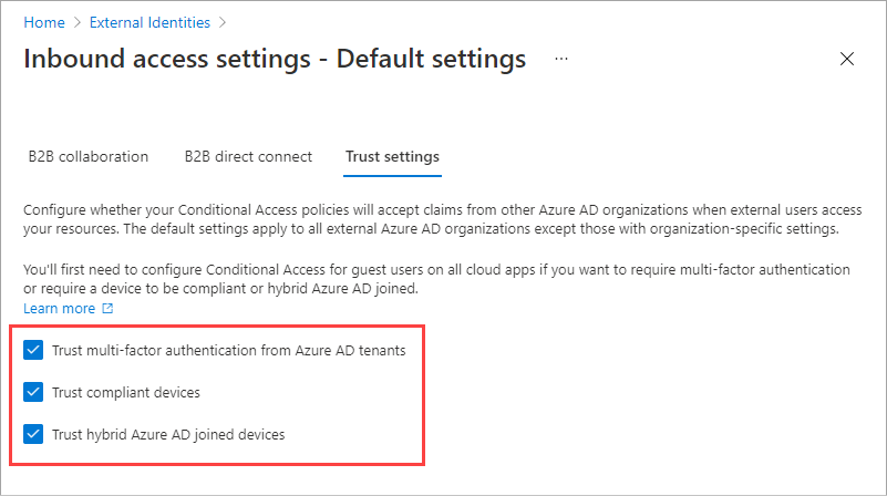 Screenshot showing inbound trust settings