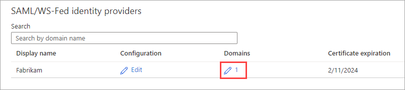 Screenshot showing the link for adding domains to the SAML/WS-Fed identity provider.