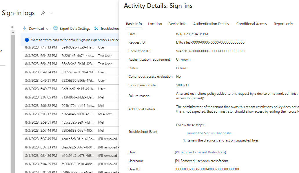 Screenshot showing activity details for a failed sign-in.