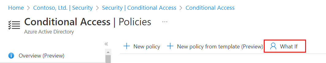 Screenshot that highlights where to select the What if option on the Conditional Access - Policies page.