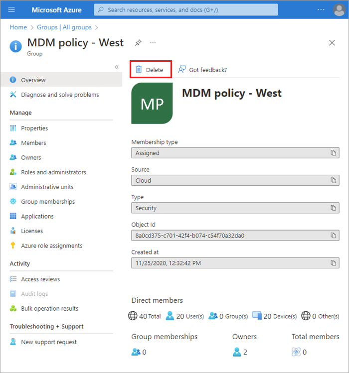 Screenshot of the MDM policy – West Overview page with Delete link highlighted.