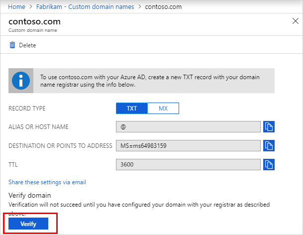 Add your custom domain - Azure Active Directory - Microsoft Entra |  Microsoft Learn