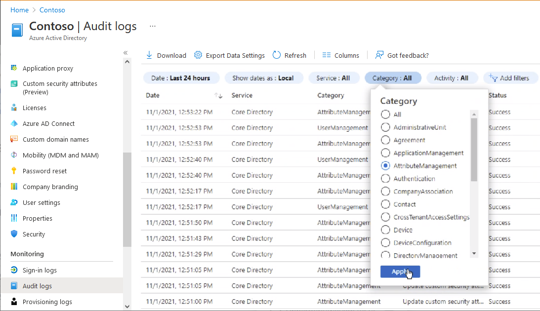 Screenshot of audit logs with AttributeManagement category filter.