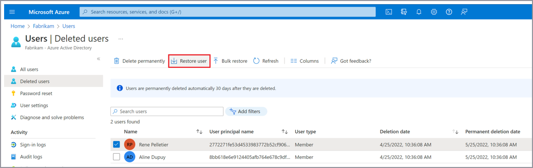 Screenshot that shows restoring users in the Azure portal.