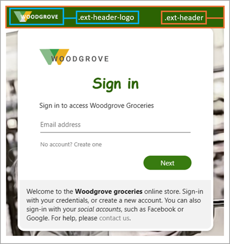 Screenshot of the sign-in screen with the .ext-header and .ext-header-logo areas highlighted.