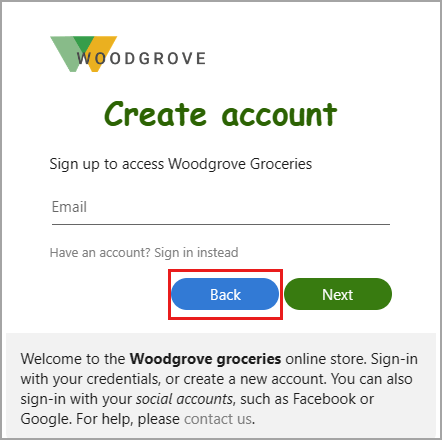 Screenshot of the sign-in box at the Sign-in options step, with the secondary - Back - button highlighted.