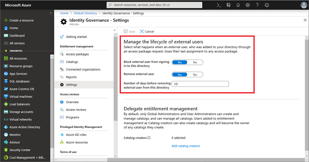Screenshot of settings and entries for Manage the lifecycle of external users.
