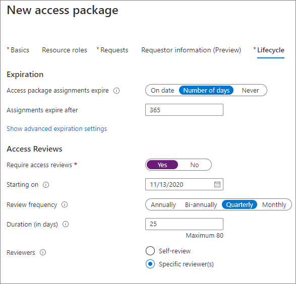 Screenshot of options and entries under New access package.