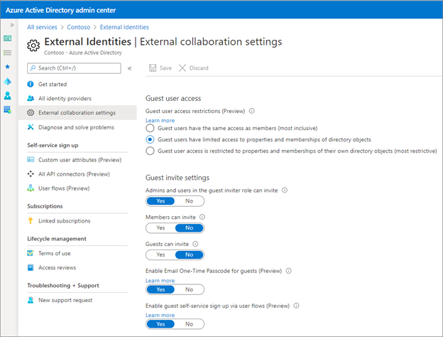 Screenshot of options and entries under External Identities, External collaboration settings.