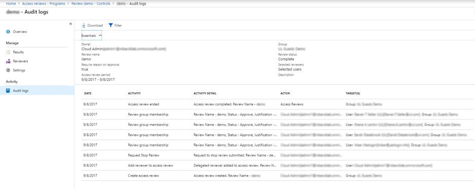 Access reviews audit logs listing actions