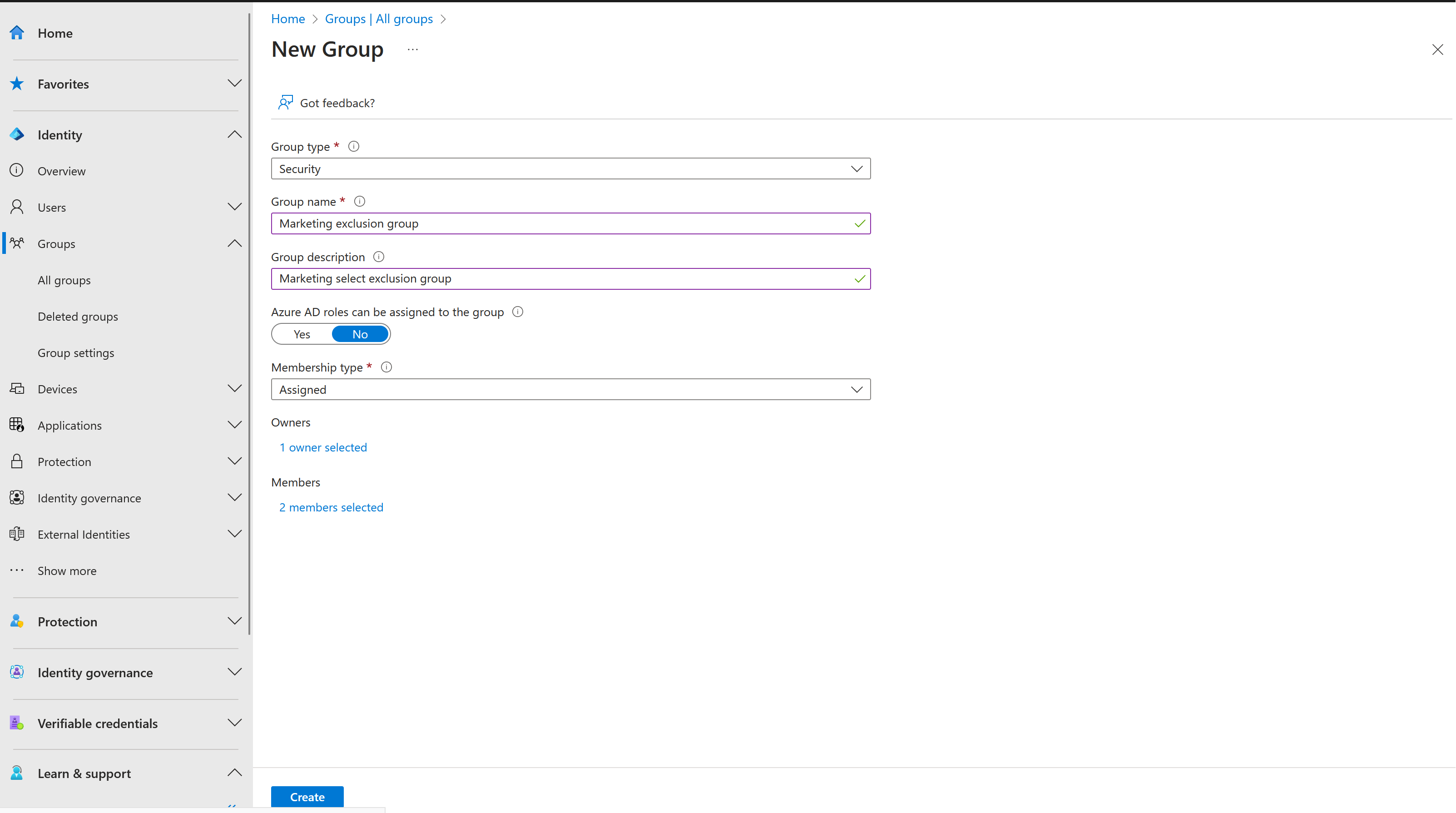 New group pane in Azure Active Directory