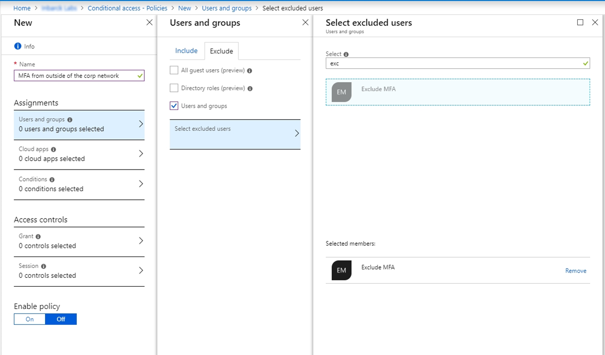 Select excluded users pane in Conditional Access