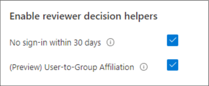 Screenshot that shows the Enable reviewer decision helpers options.