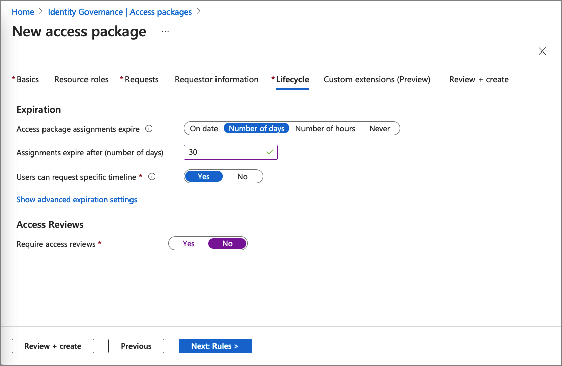Screenshot of the access package lifecycle tab