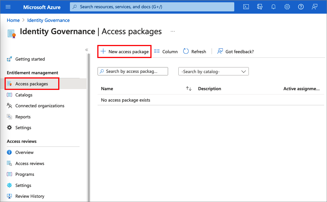 Screenshots that shows how to create an access package.