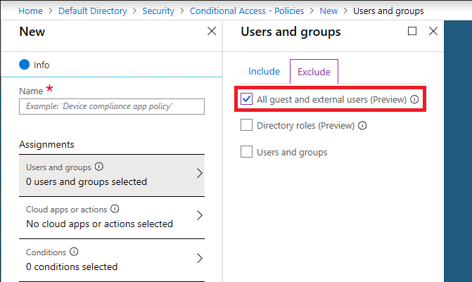 Azure AD Conditional Access policy exclude settings