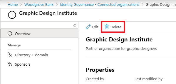 The connected organization Delete button