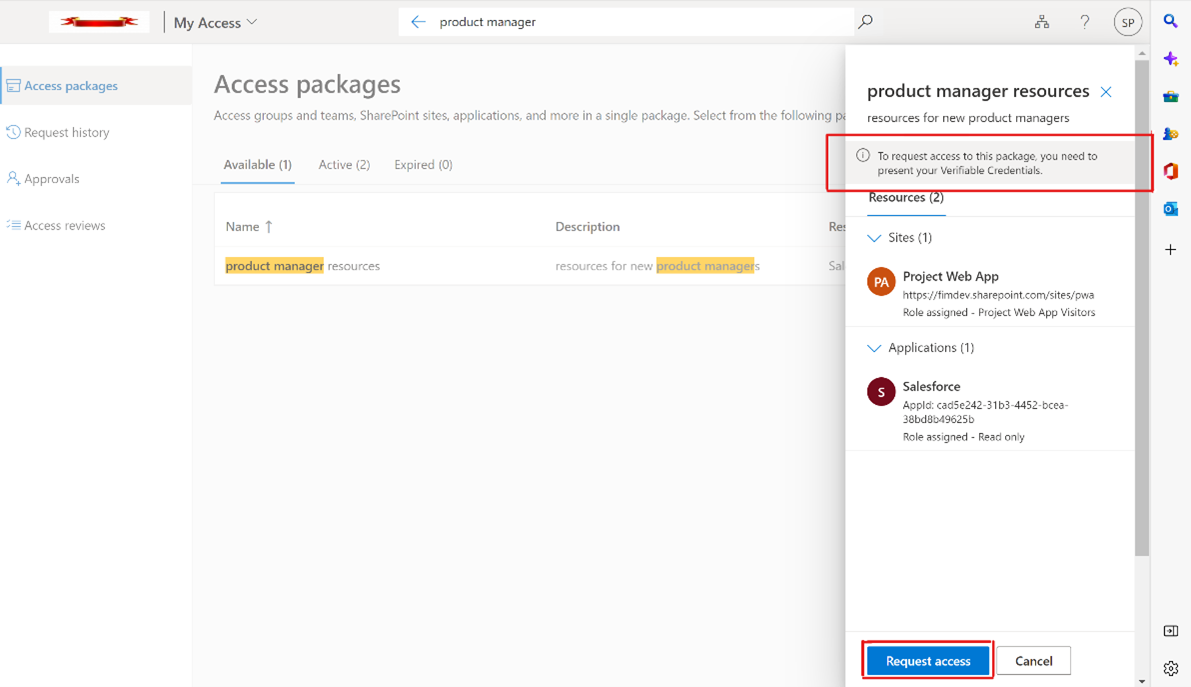 Screenshot of the present verified ID for access package option.