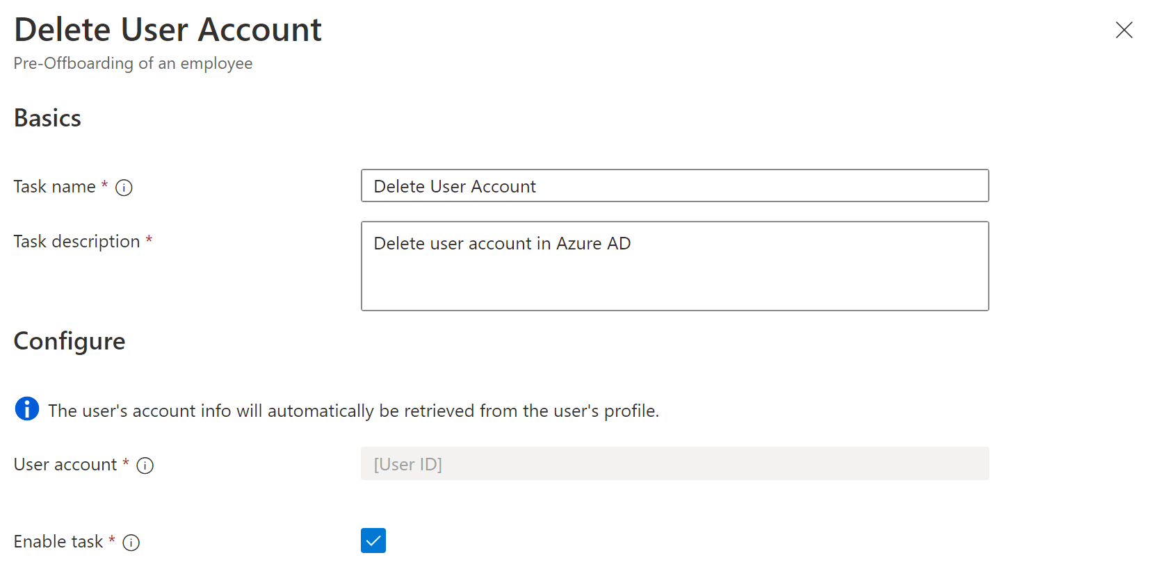 Screenshot of Workflows task: Delete user account.