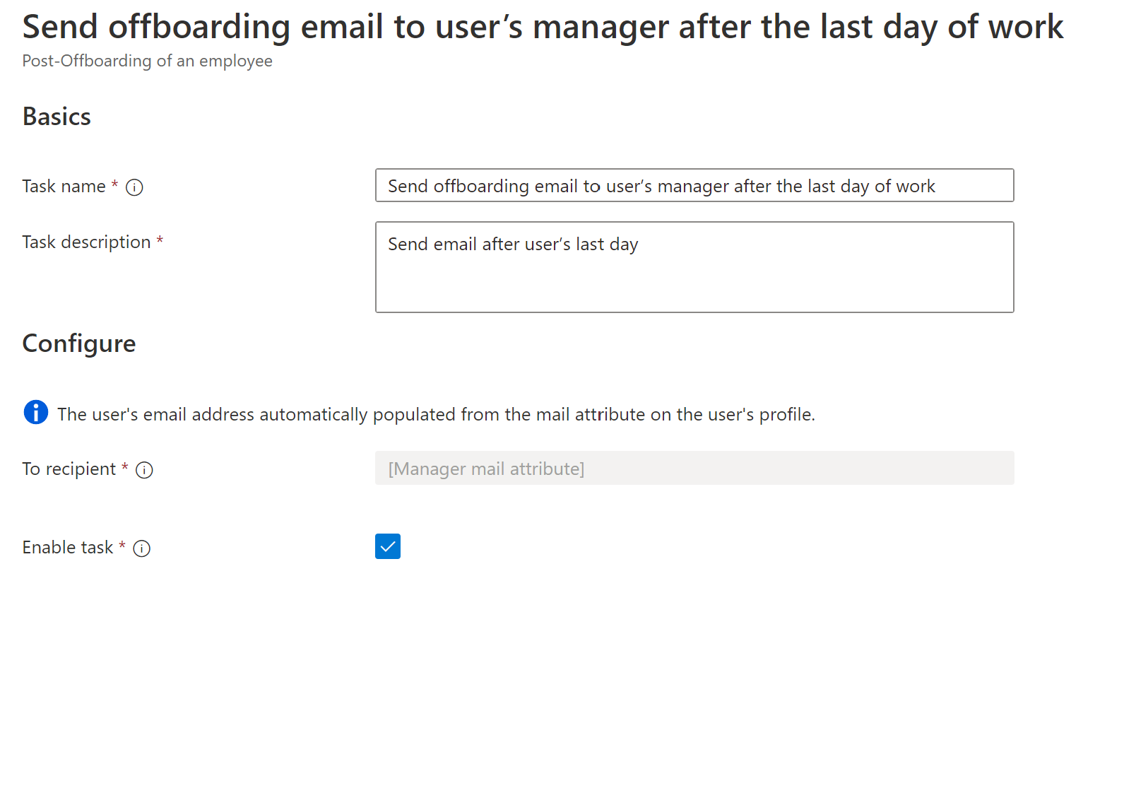 Screenshot of Workflows task: send offboarding email to users manager after their last day.