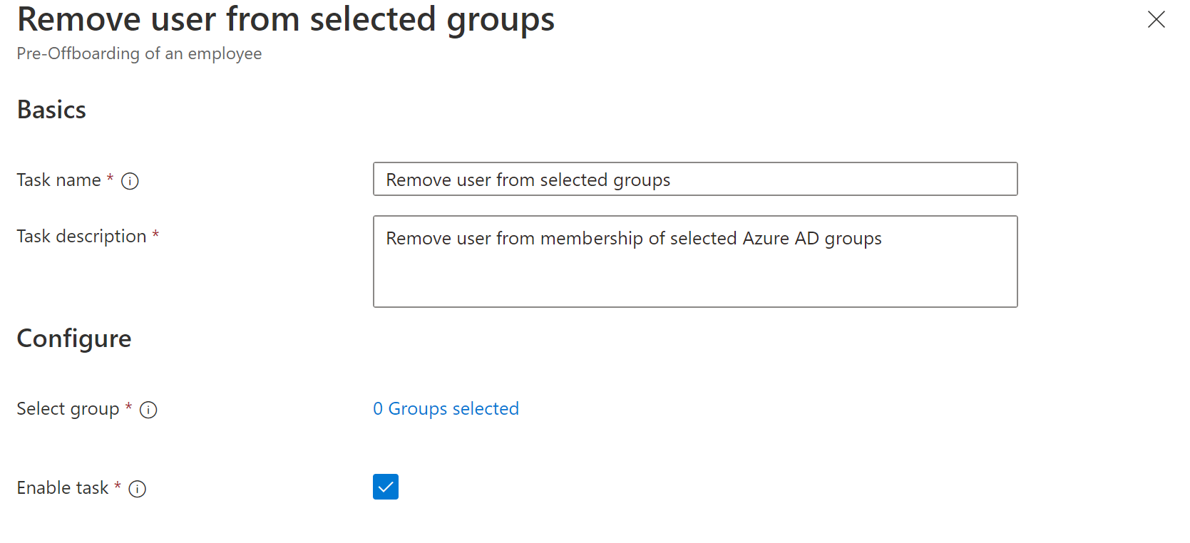 Screenshot of Workflows task: Remove user from select groups.