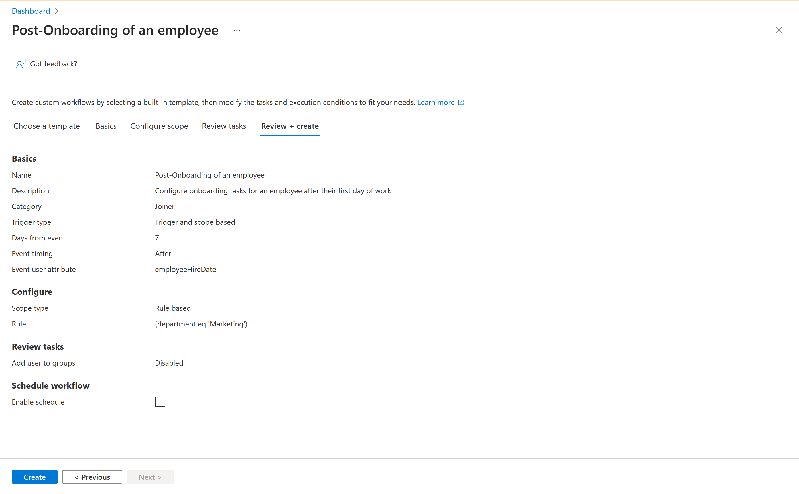 Screenshot of a Lifecycle Workflow post-onboard new hire template.
