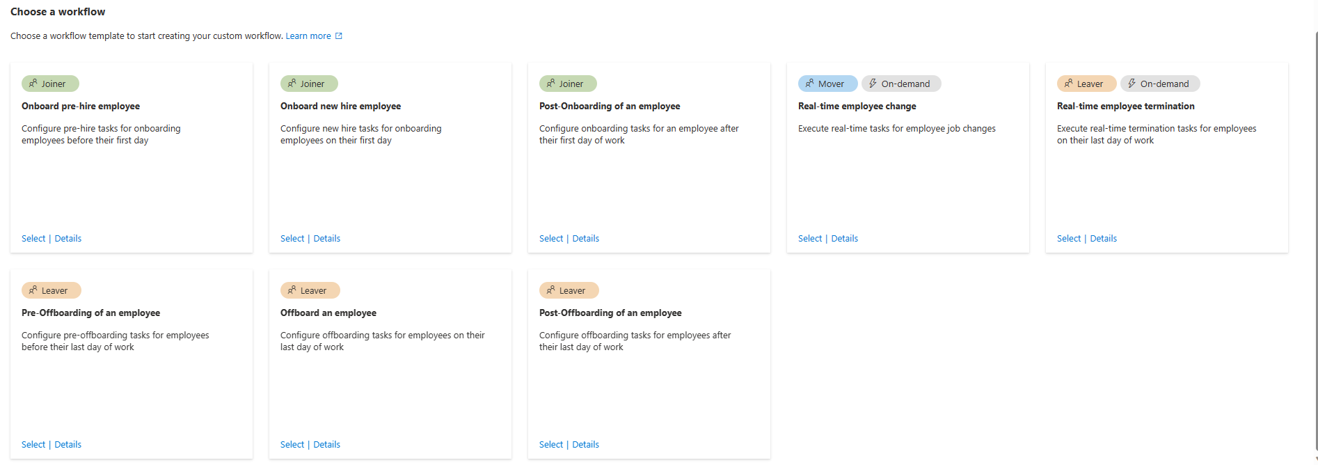 Screenshot of a list of lifecycle workflow templates.
