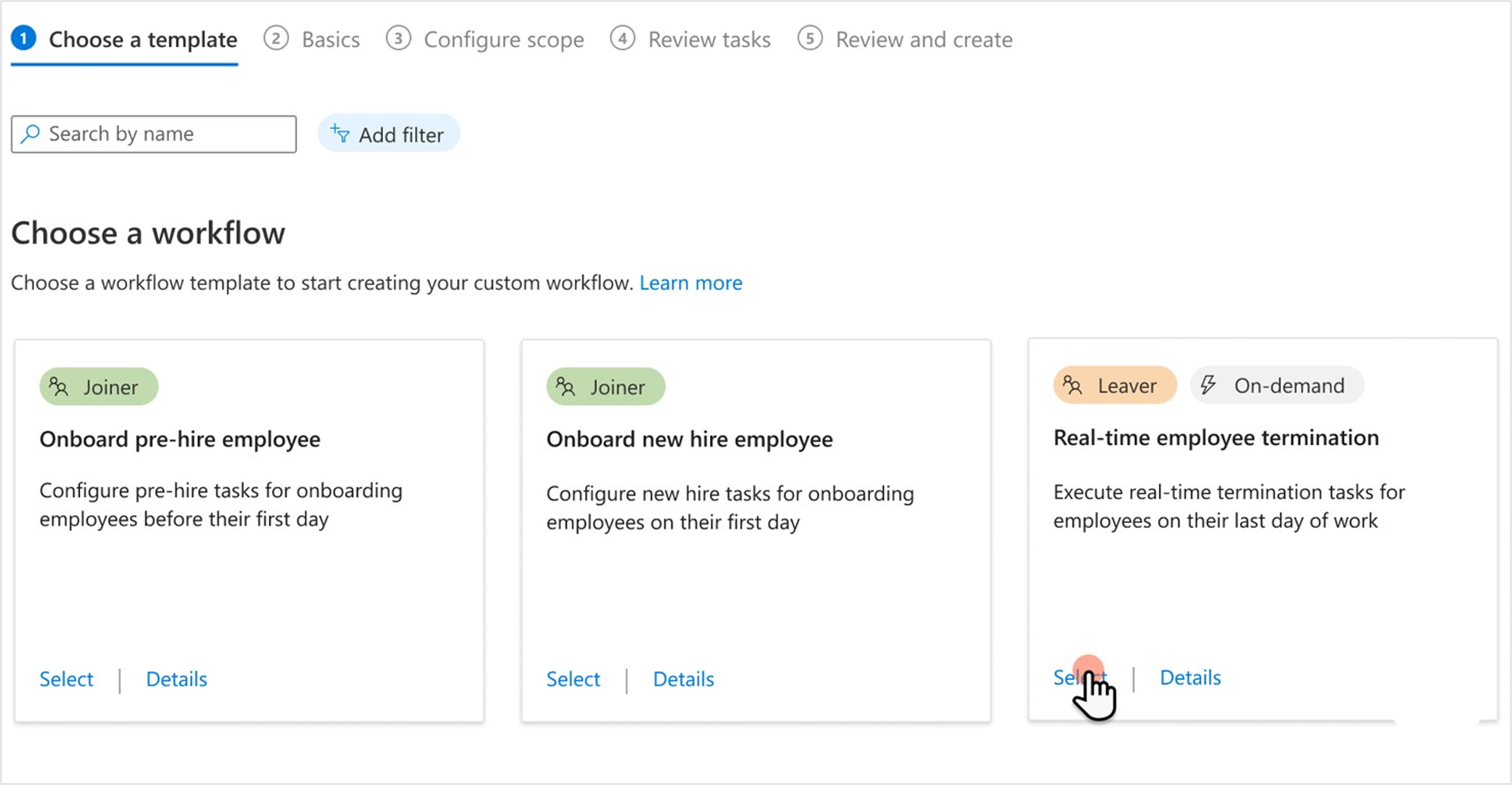 Screenshot of selecting a workflow template for real-time employee termination.