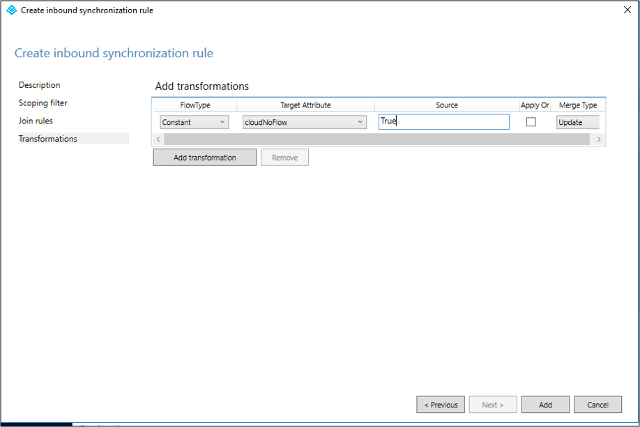 Screenshot that shows the Create inbound synchronization rule - Transformations page with a Constant transformation flow added.