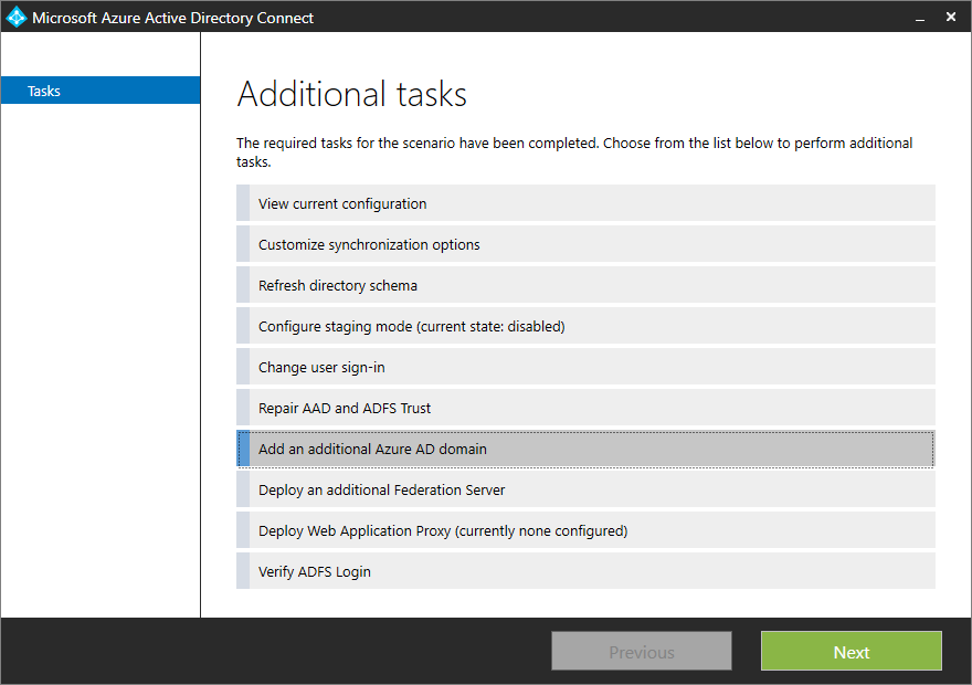Screenshot of the "Additional tasks" pane for selecting "Add an additional Azure AD domain".