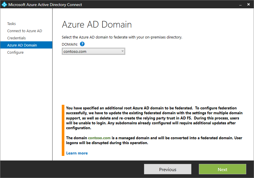 Screenshot of the "Additional tasks" pane, showing how to add an additional Azure AD domain.