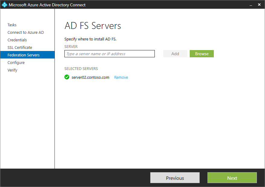 Screenshot that shows the "AD FS Servers" page.