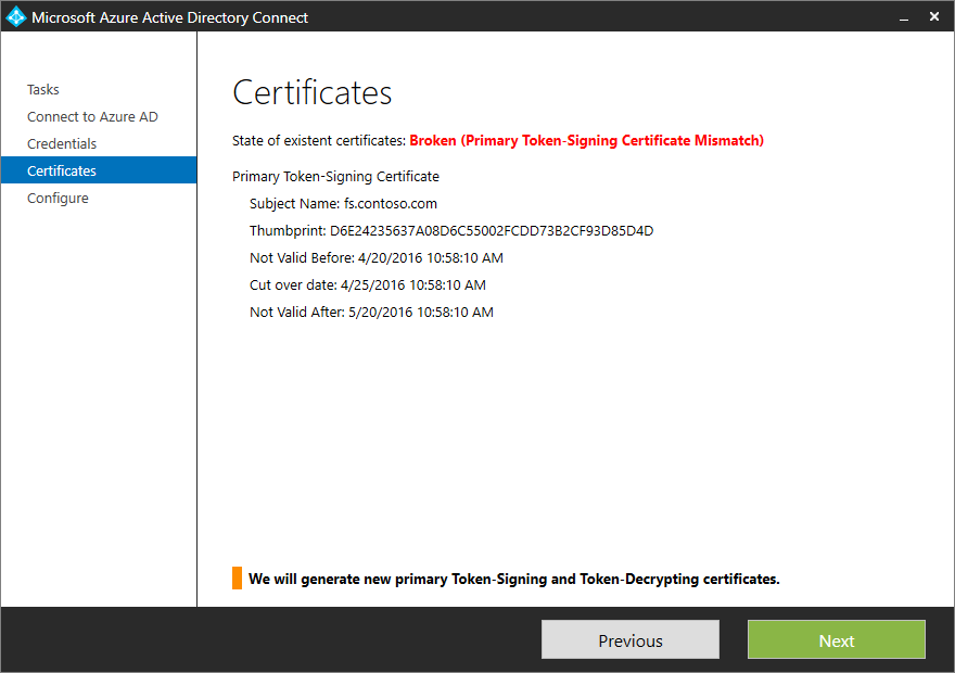 Screenshot of the "Certificates" page displaying the state of the current certificates.