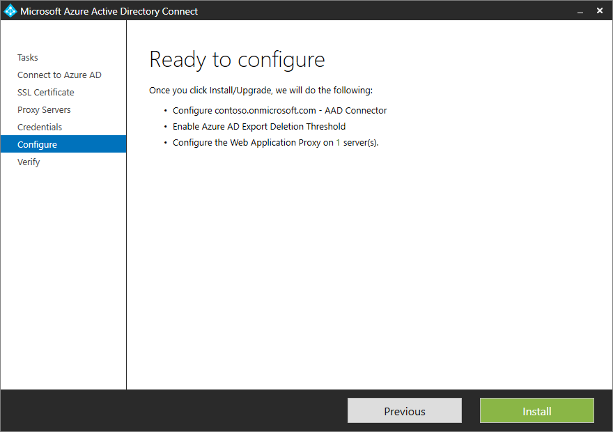 Screenshot that shows the "Ready to configure" page, with a list of actions to be performed.