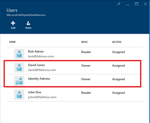 Screenshot of Azure AD Connect Health and Azure RBAC and new users highlighted