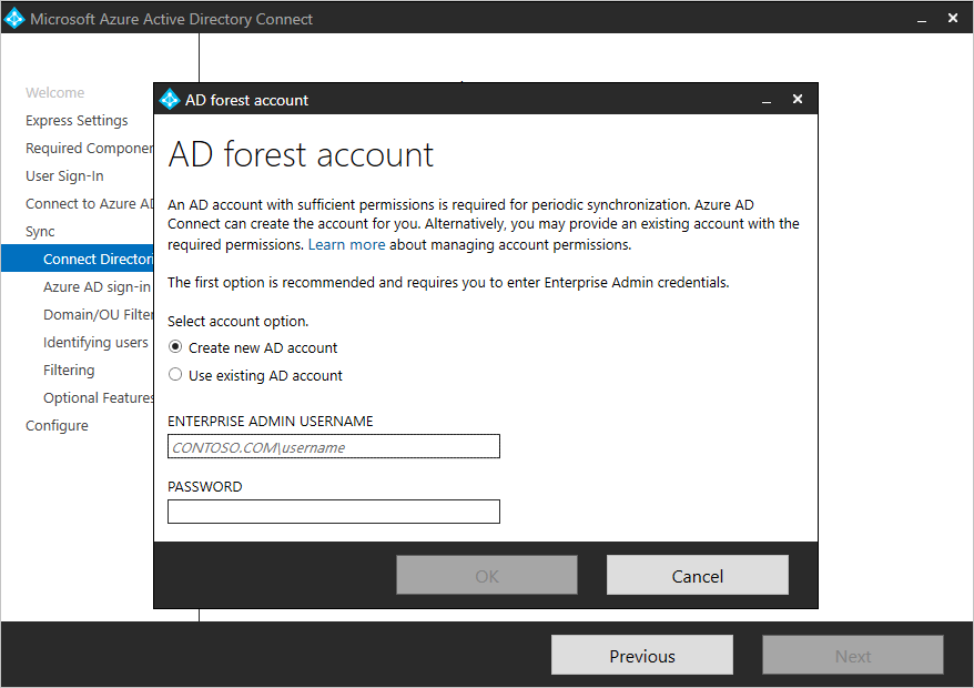 Account permissions. Azure ad connect. Azure ad DS. Azure account config. The account is existed..